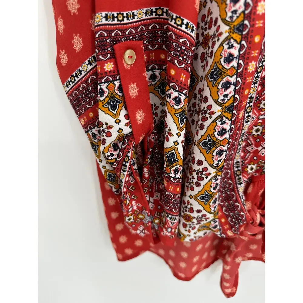 West Kei Top Women LARGE Talina Rust Red Printed V-Neck Tie Front Blouse - Picture 5 of 10